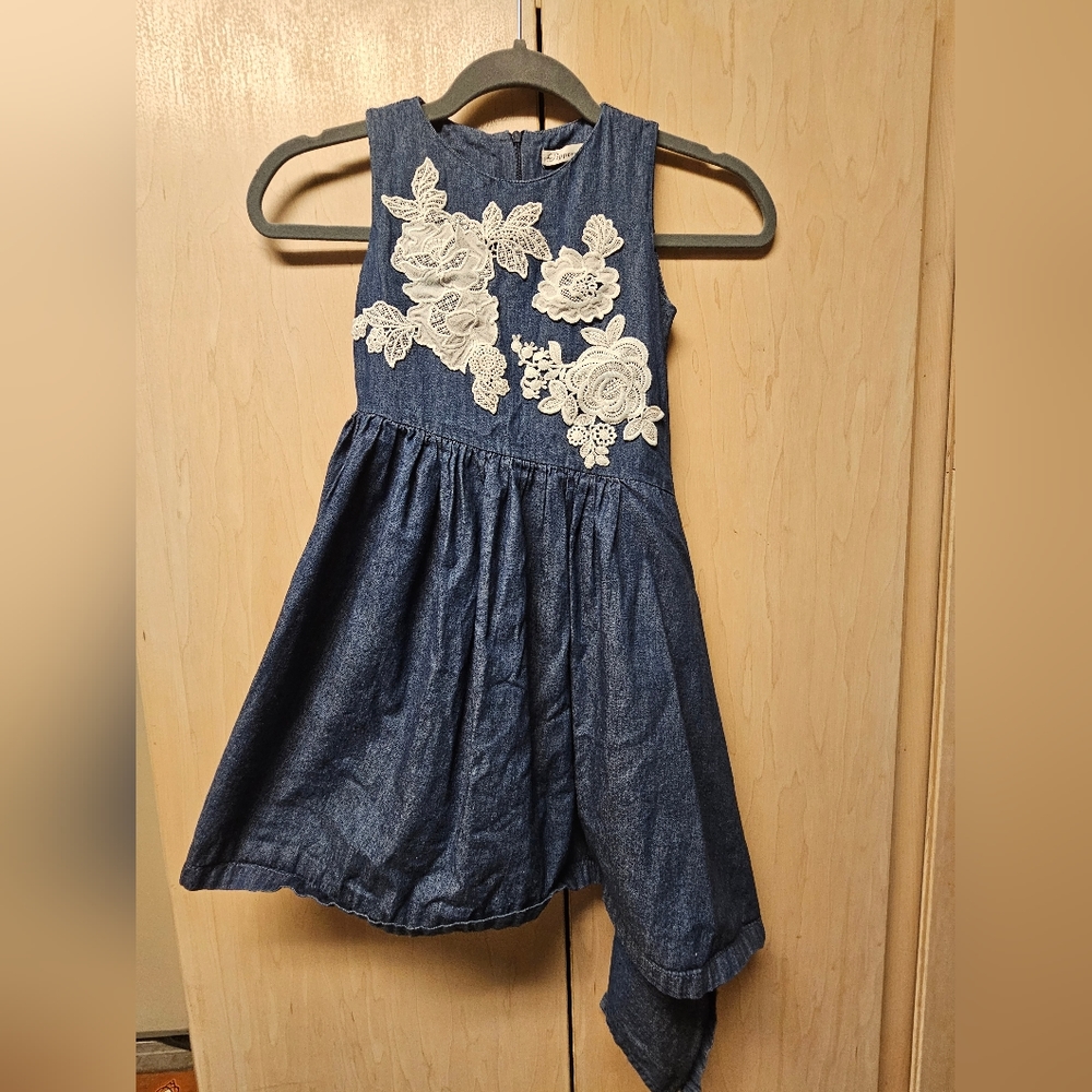 Asymmetrical Denim Dress with embroidered /lace Applique